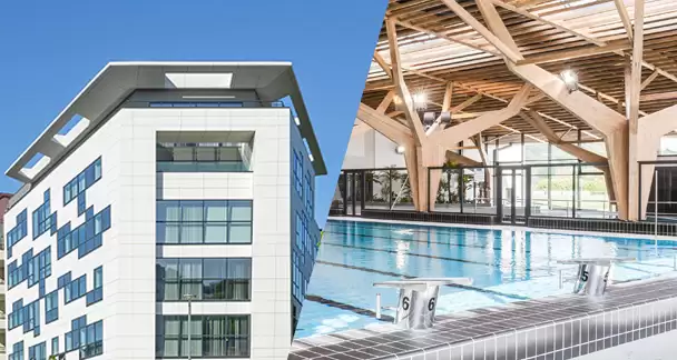 Photos d'un bâtiment et d'une pisicin